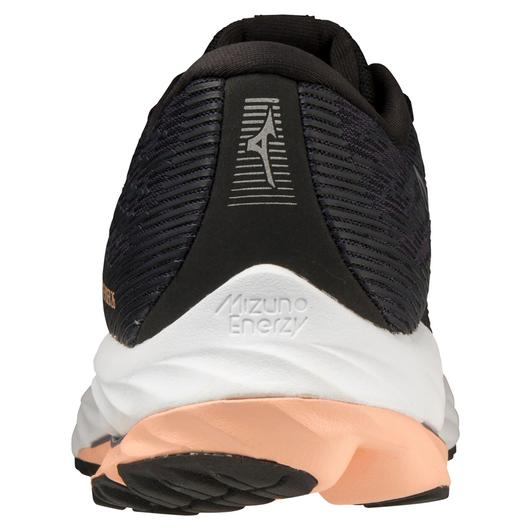 Back view of the Women's Mizuno Wave Rider 26 in the color Odyssey Grey/Quicksilver