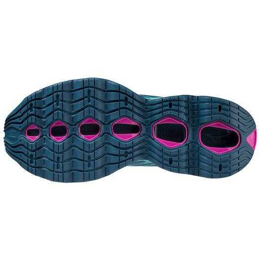 Bottom (outer sole) view of the Women's Mizuno Wave Prophecy 12 in the color Blue Atoll