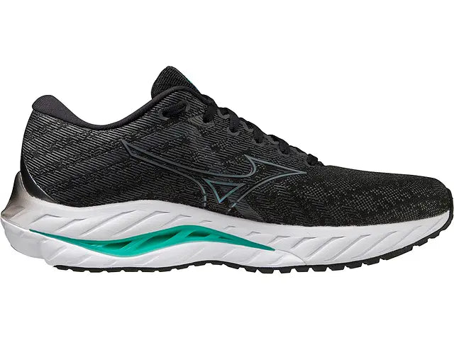Lateral view of the Men's Wave Inspire 19 by Mizuno in Black/Metallic Grey