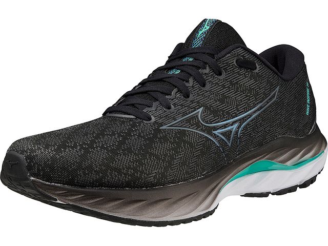 Front angled view of the Men's Wave Inspire 19 by Mizuno in Black/Metallic Grey