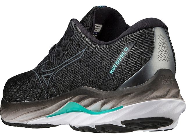 Back angled view of the Men's Wave Inspire 19 by Mizuno in Black/Metallic Grey