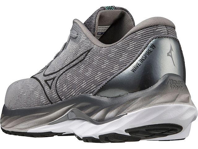 Back angled view of the Men's Wave Inspire 19 SSW by Mizuno in Ultimate Grey/Black