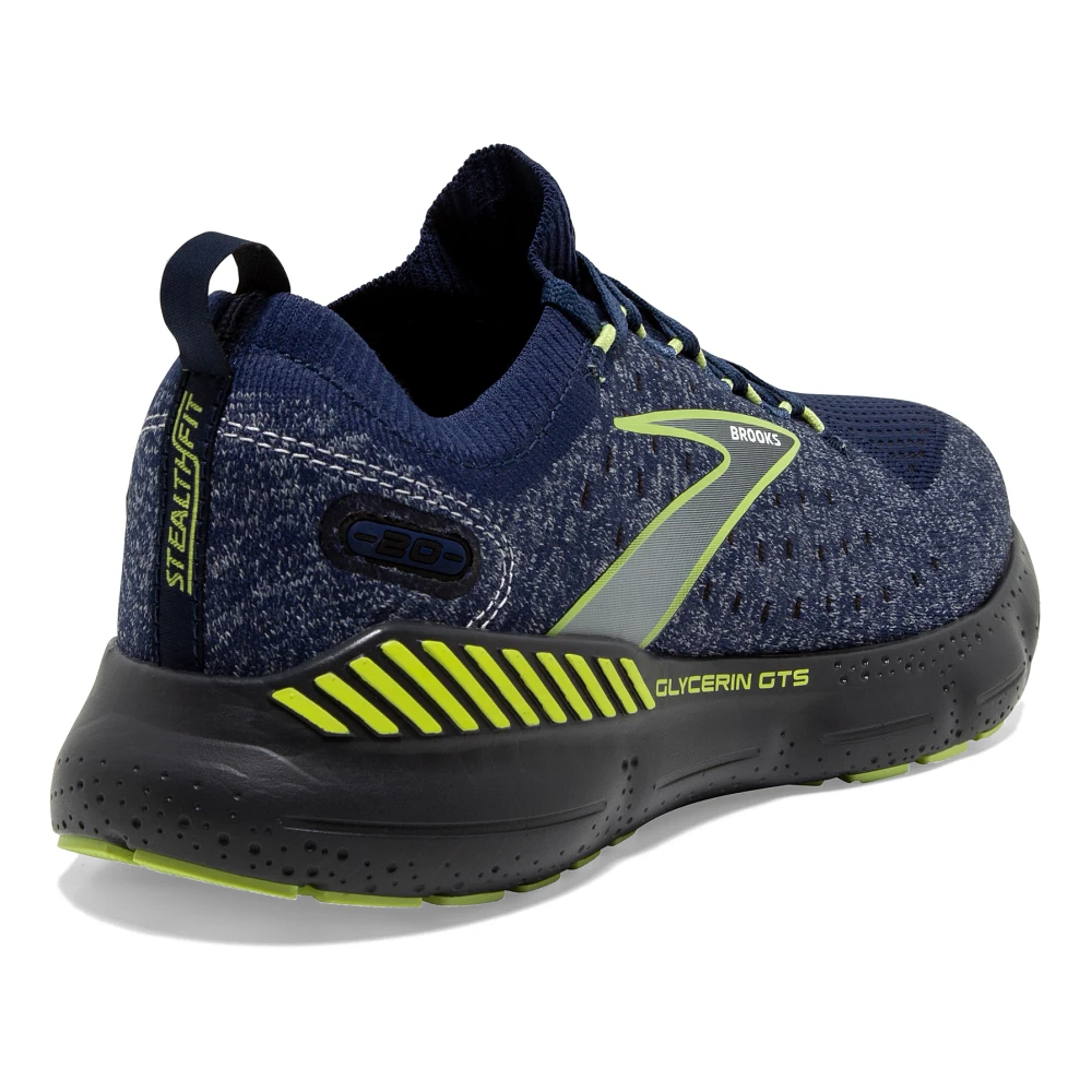 Back angled view of the Men's Glycerin Stealthfit GTS 20 in the color Blue/Ebony/Lime