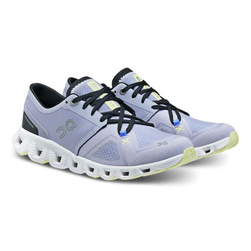 Front angled view of the Women's ON Cloud X 3 in the color Nimbus/White