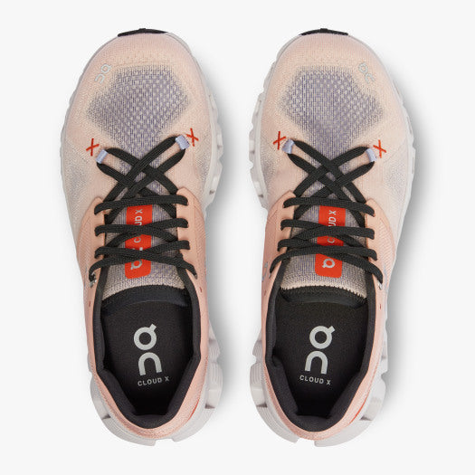 Top (over view) of the Women's Cloud X 3 cross trainer from ON in the color Rose/Sand