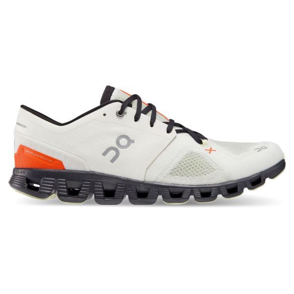 Lateral view of the Men's ON Cloud X 3 in the color Ivory/Flame