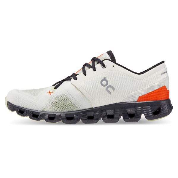 Medial view of the Men's ON Cloud X 3 in the color Ivory/Flame