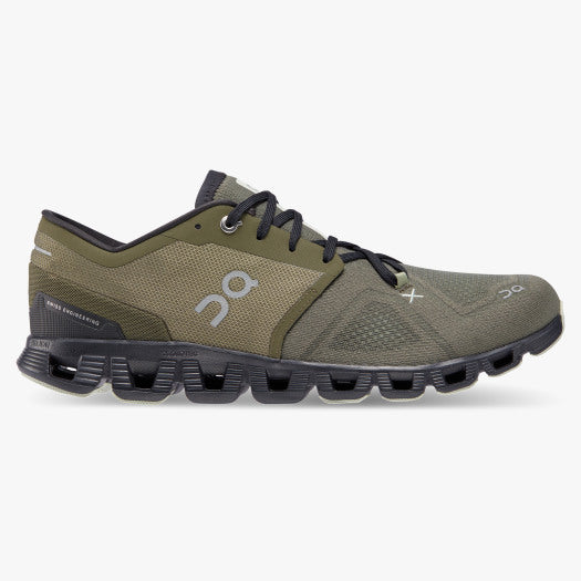 Lateral view of the Men's Cloud X 3 cross trainer from ON in the color Olive/Reseda