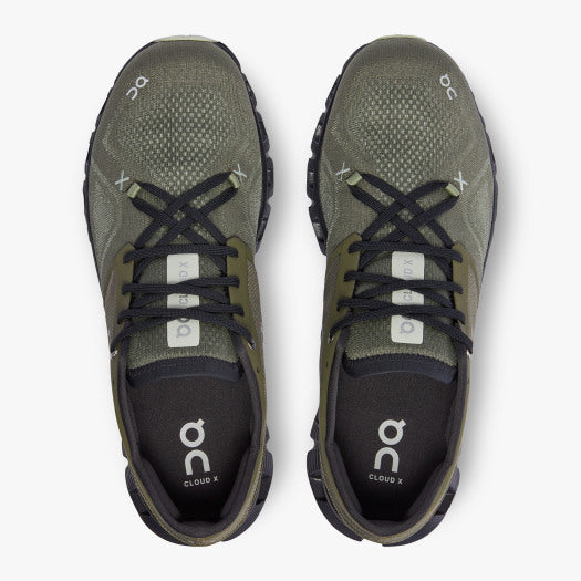 Top (over view) of the Men's Cloud X 3 cross trainer from ON in the color Olive/Reseda