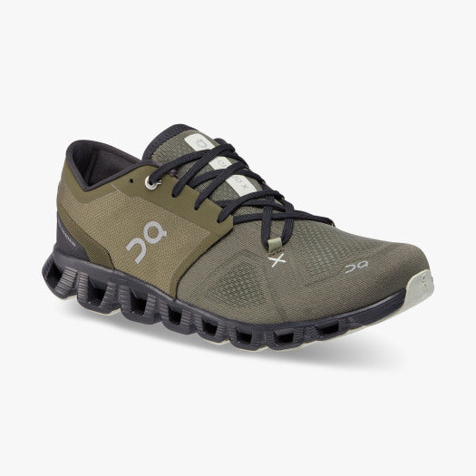 Front angled view of the Men's Cloud X 3 cross trainer from ON in the color Olive/Reseda