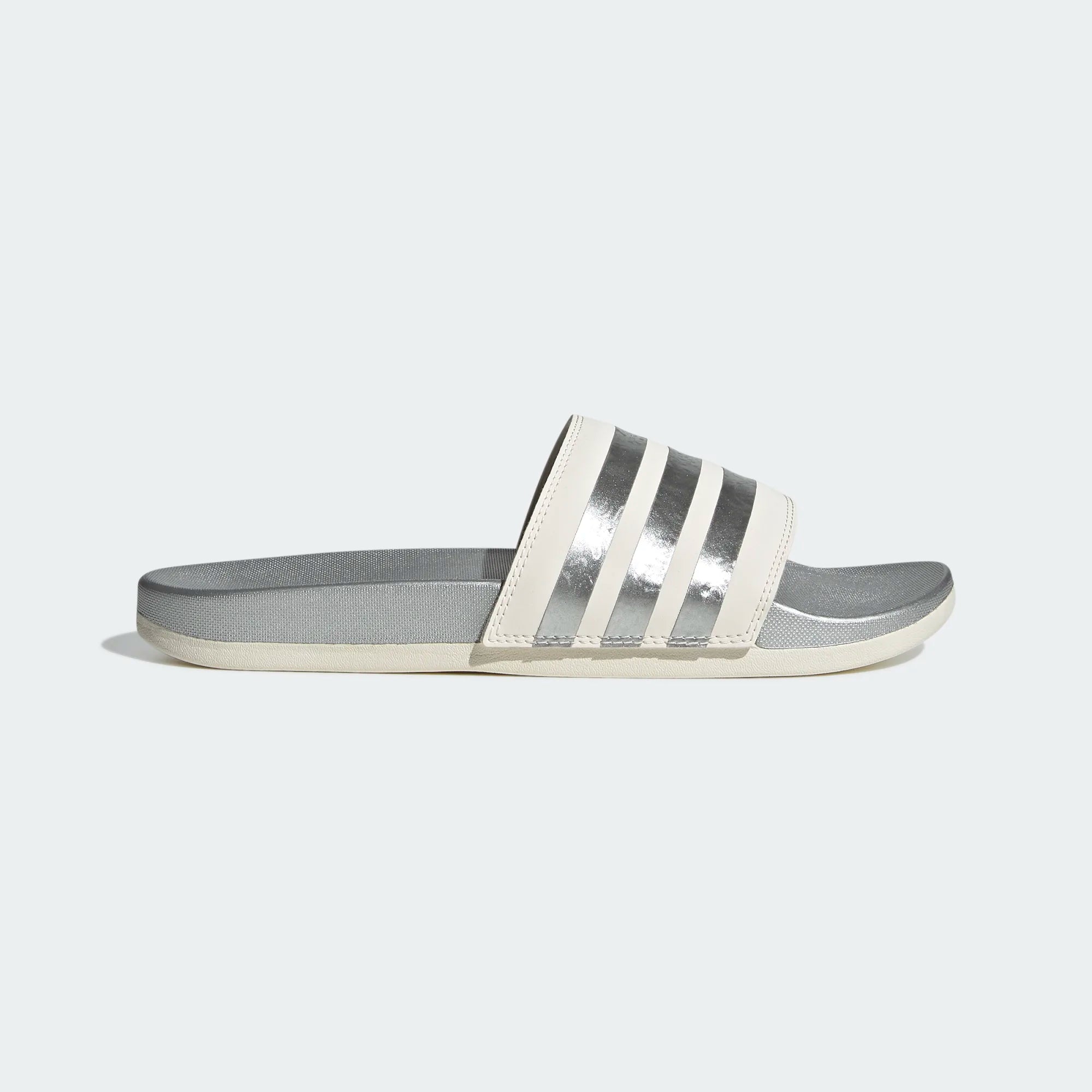 Lateral view of the Women's Adidas Adilette Comfort Slide in Chalk White/Matte Silver