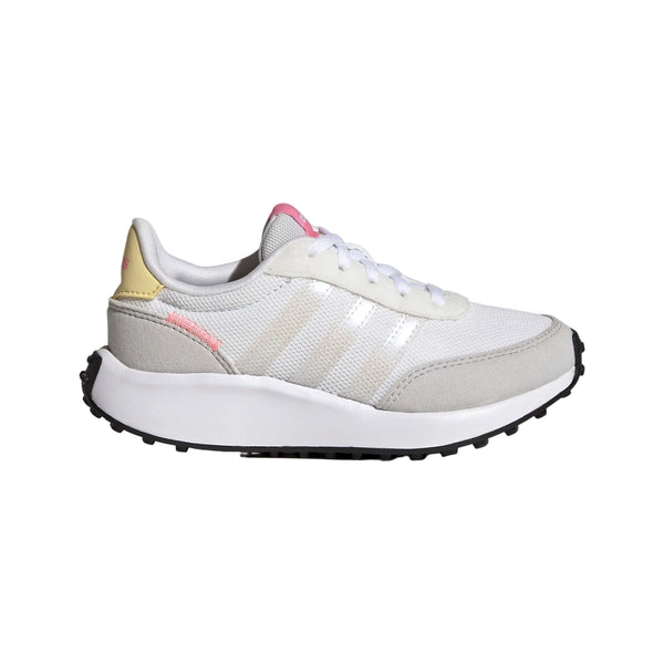 These kids shoes from adidas have 3 stripes and are mostly white and grey.