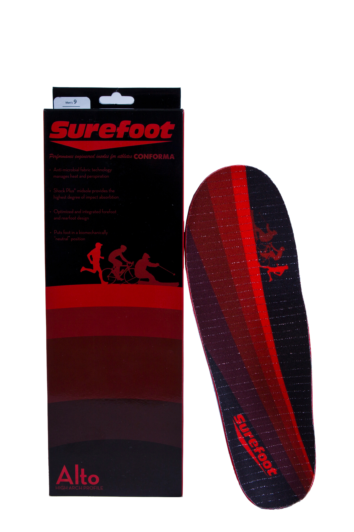 Stock image of the Conforma Alto Insole by Surefoot showing the left insole and it's box in black and red