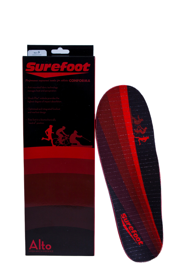 Stock image of the Conforma Alto Insole by Surefoot showing the left insole and it's box in black and red