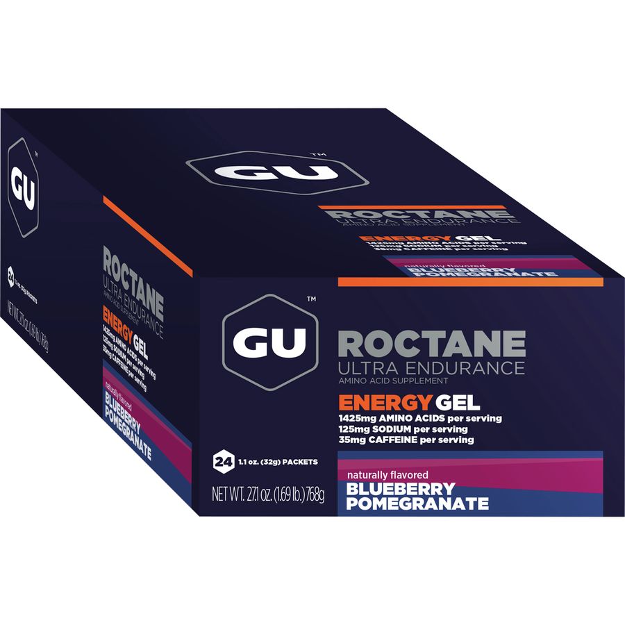 Image of the 24 Pack Box of GU Roctane Energy Gels in the flavor Blueberry Pomegranate