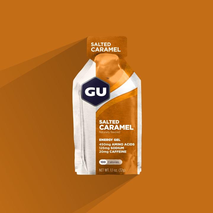 Front view of the packaging for the GU Energy Gel in the flavor Salted Caramel