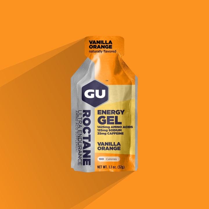 Front view of the packaging for the GU Roctane Energy Gel in the flavor Vanilla Orange
