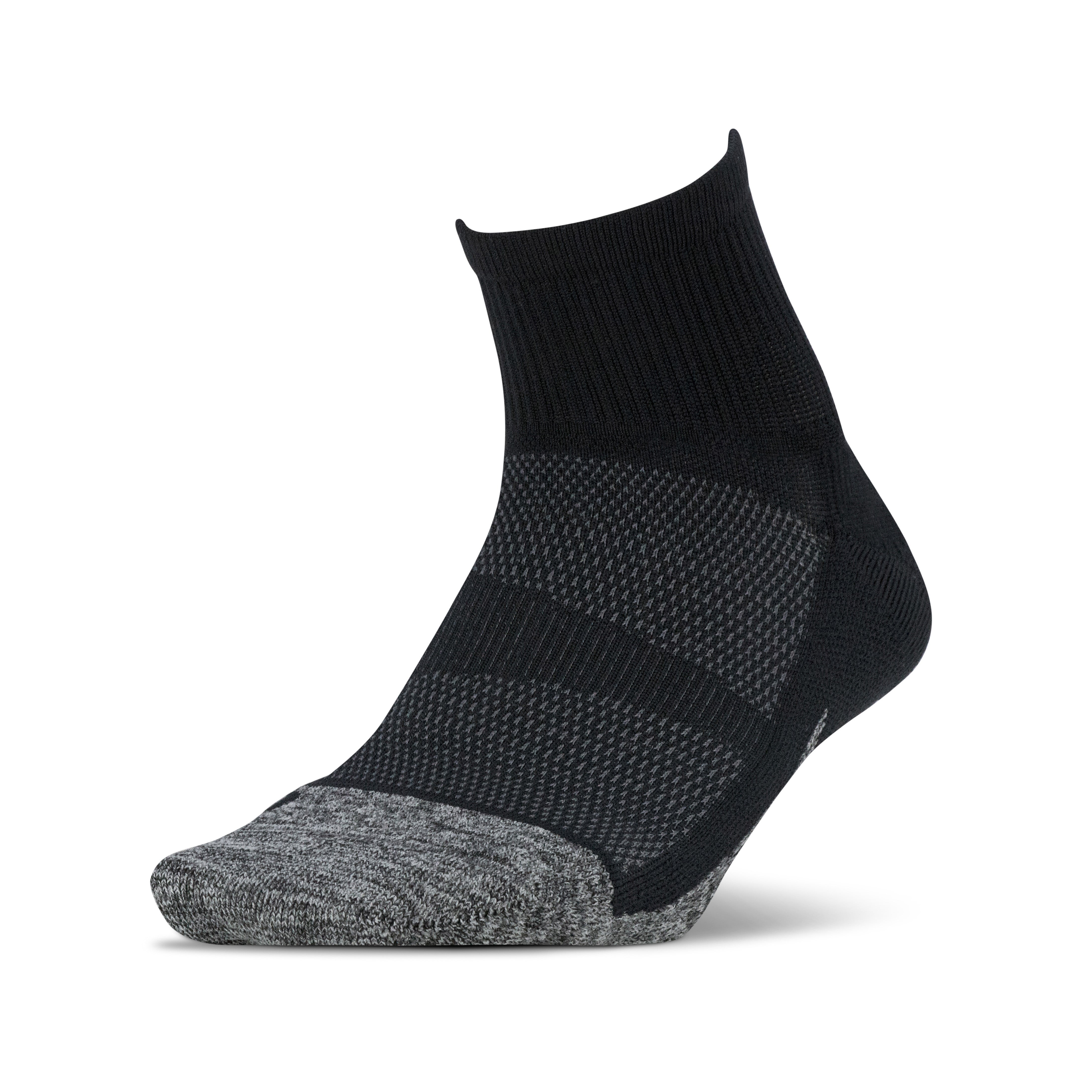 A front view of the left foot wearing a Feetures Elite Light Cushion quarter height sock in the color black