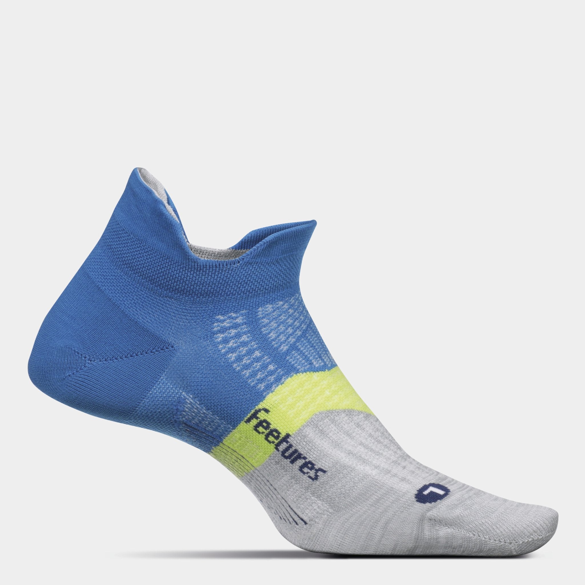 A medial view of the Feetures Elite Light Cushion running sock (left foot) in the color summer marine.