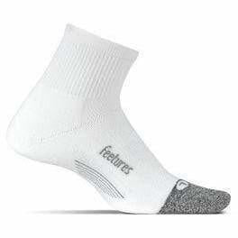 Medial view of the Feetures Elite Ultra Light Cushion Quarter height sock in the color white.