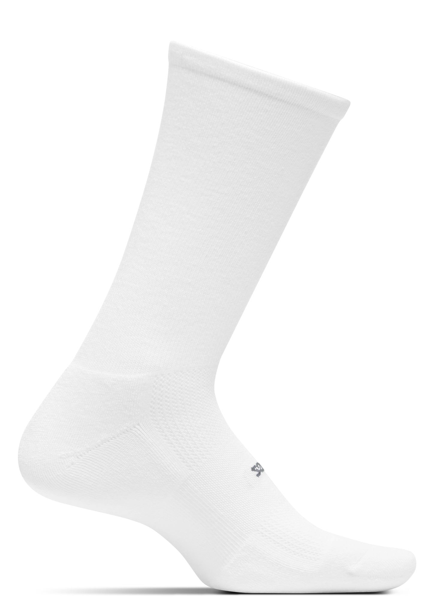 Medial view of the Feetures High Performance Cushion crew sock in the color white