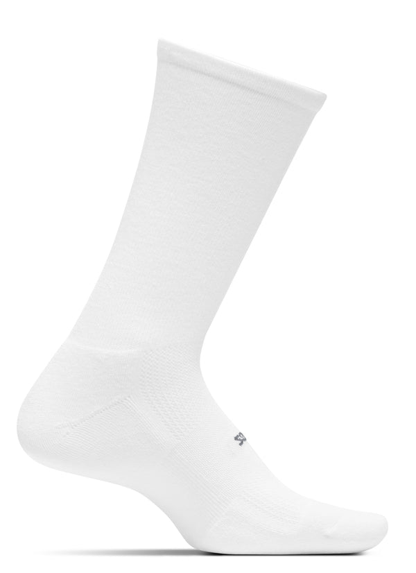 Medial view of the Feetures High Performance Cushion crew sock in the color white