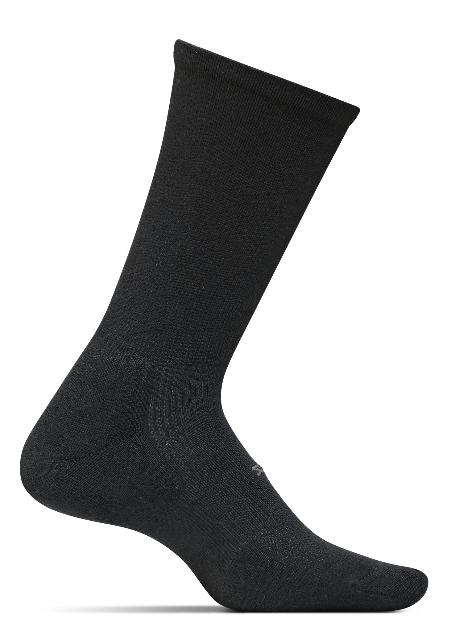 Medial view of the Feetures High Performance Cushion crew sock in the color black