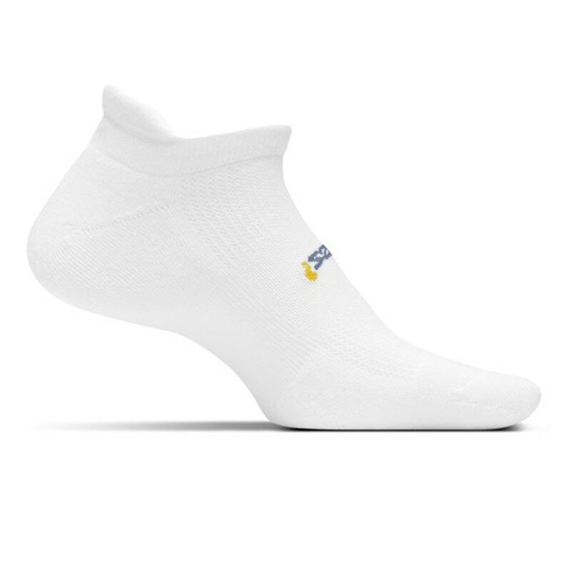Medial view of the Feetures High Performance cushion no show tab sock in the color white