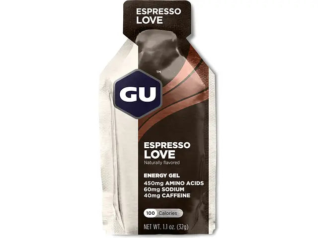 Front view of the packaging for the GU Energy Gel in the flavor Espresso Love