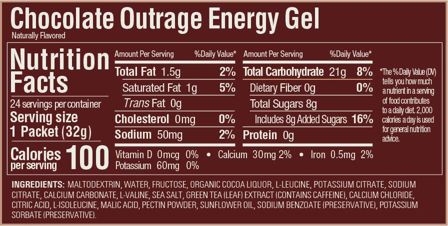 This picture shows the Nutritin Facts for the Gu Chocolate Outrage Energy Gel package