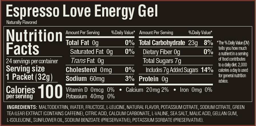 View of the Nutrition panel on the back of a GU Energy Gel - flavor Espresso Love