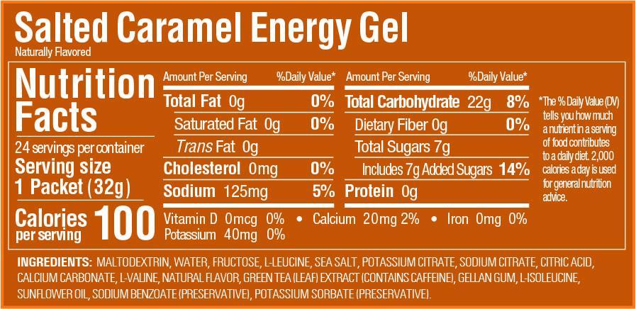 View of the back nutrition panel for a GU Energy Gel in the flavor Salted Caramel