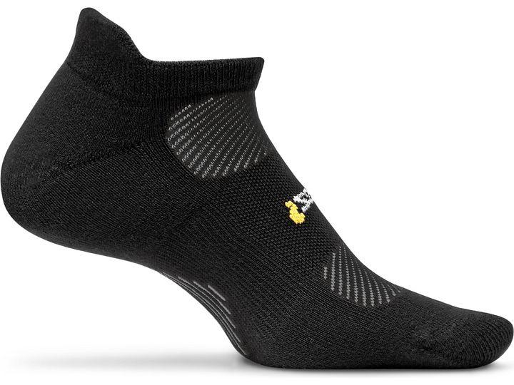A medial view of the Feetures High Performance Ultra Light no show running sock in the color black
