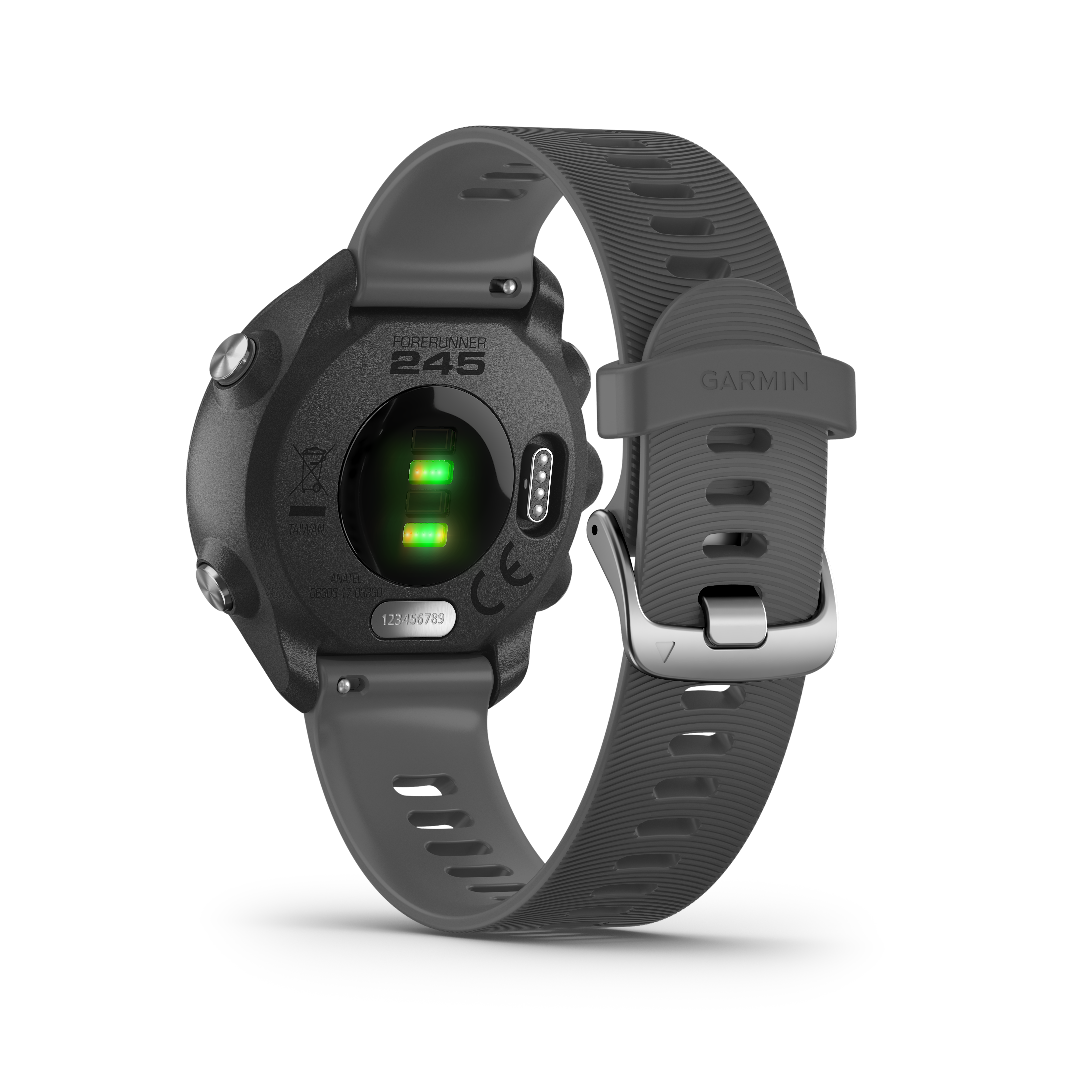 This is a view of the backside of the Gramin watch. You do the running. Forerunner® 245 does the thinking. This GPS running smartwatch evaluates performance stats such as VO2 max, aerobic and anaerobic training effect, and training status, which indicates if you’re undertraining or overdoing it. You can also track advanced running dynamics1 such as ground contact time balance and stride length. Take the guesswork out of training for your next 5K when you team this watch with the Garmin Coach app.