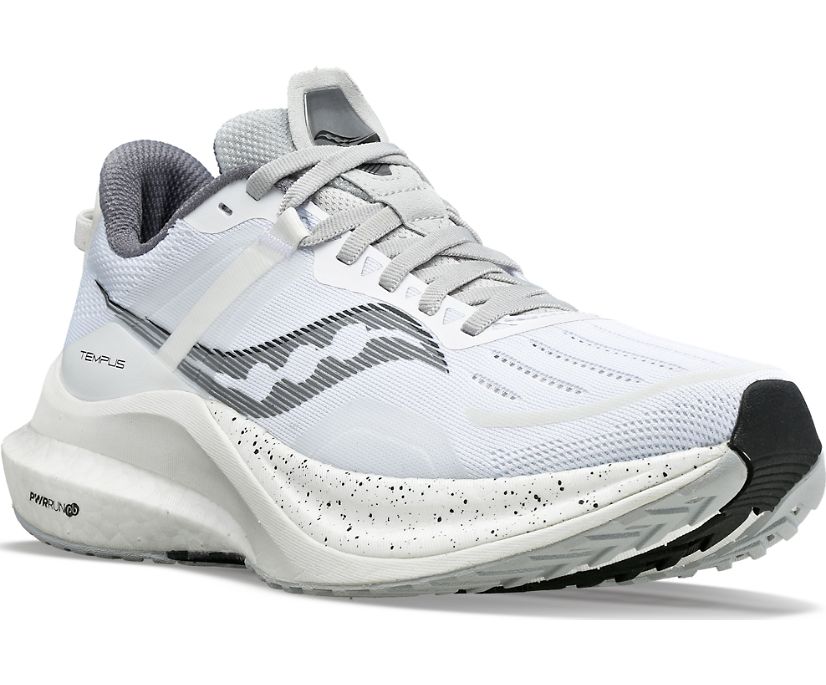 Front angle view of the Women's Saucony Tempus in White/Black