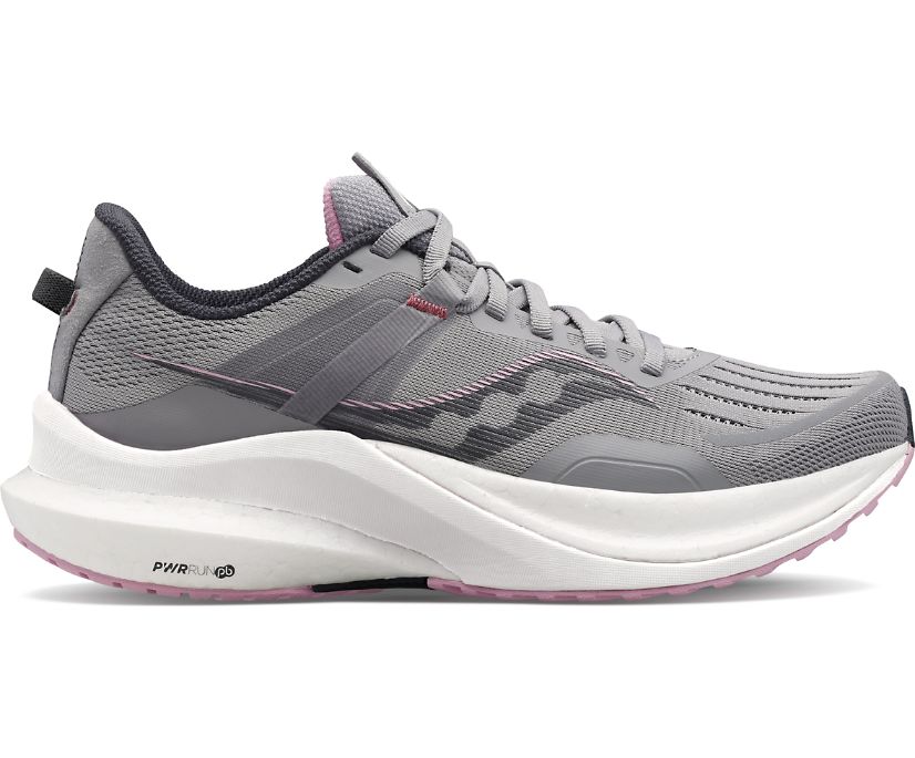 Lateral view of the Women's Saucony Tempus in the wide "D" width, color Alloy/Quartz