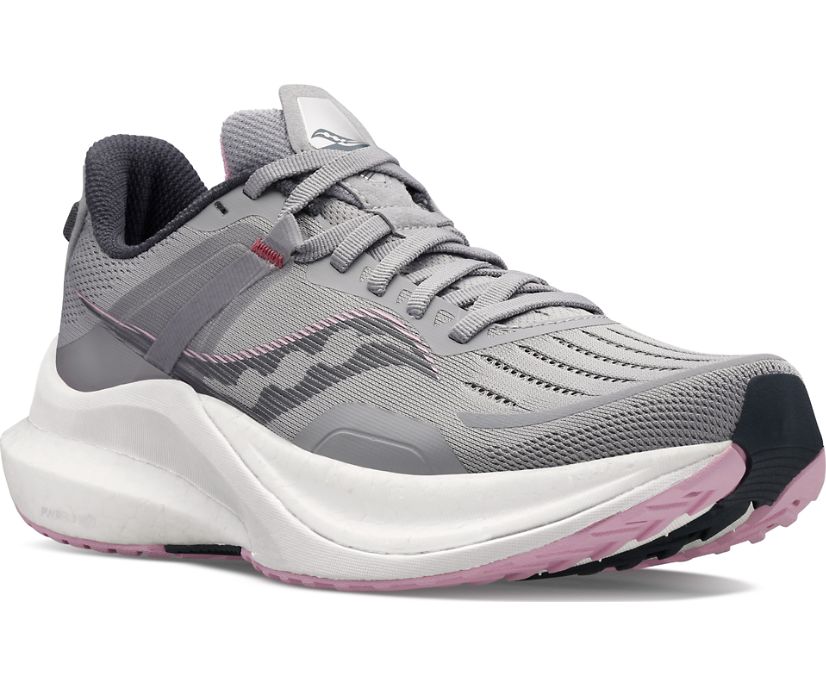 Front angled view of the Women's Saucony Tempus in the color Alloy/Quartz