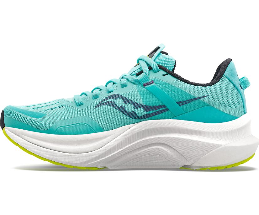 Medial view of the Women's Saucony Tempus in the color Cool Mint/Acid