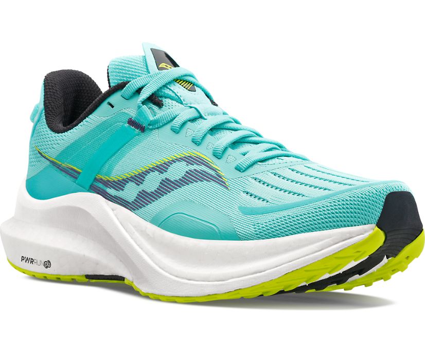 Front angle view of the Women's Saucony Tempus in the color Cool Mint/Acid