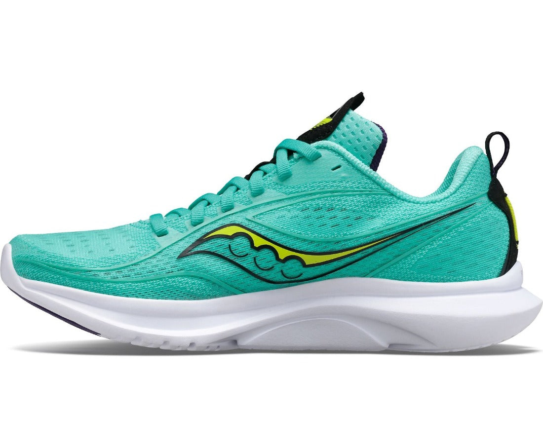 Medial view of the Women's Kinvara 13 by Saucony in Cool Mint/Acid