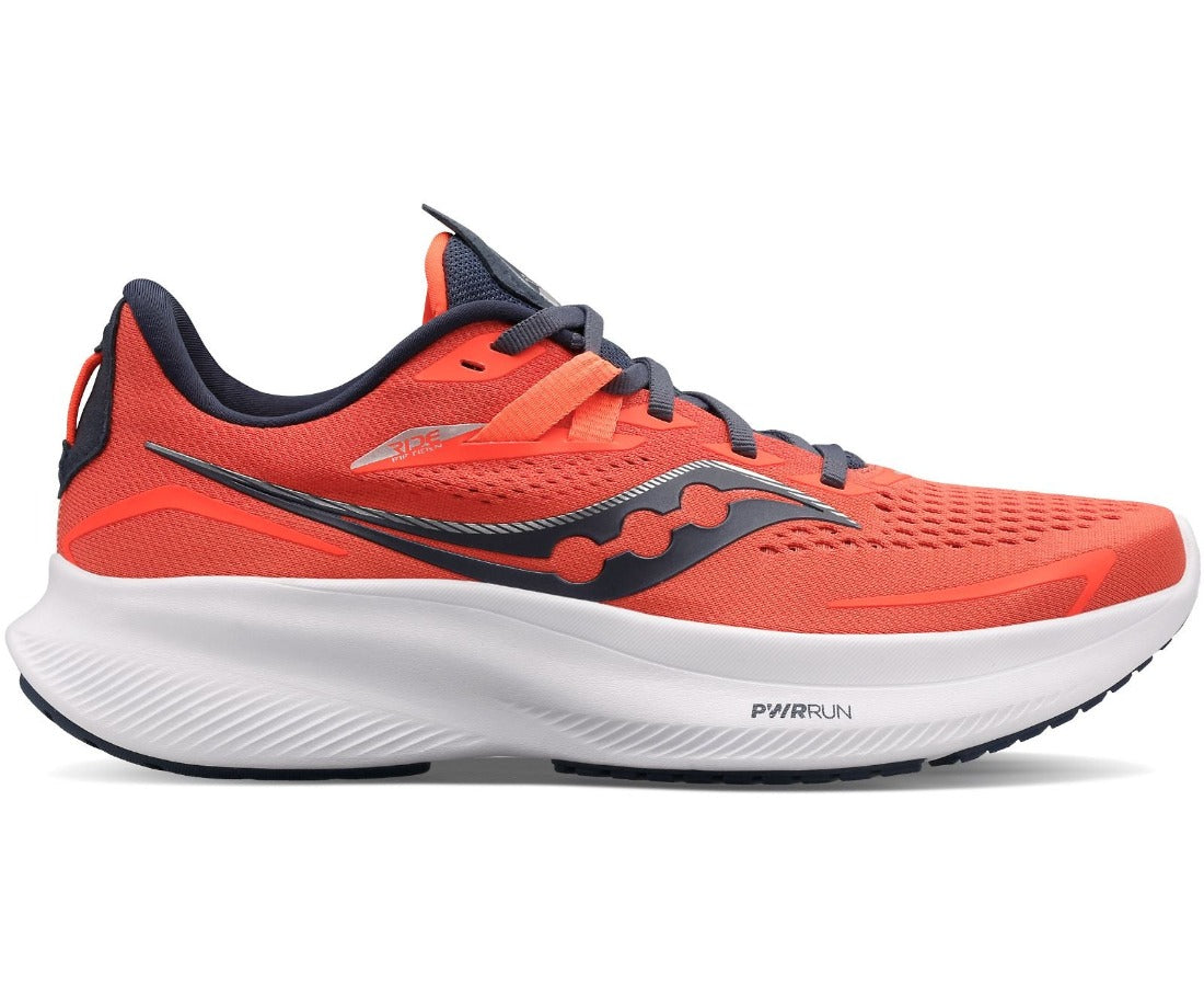 Lateral view of the Women's Saucony Ride 15 in the color ViziRed/Night