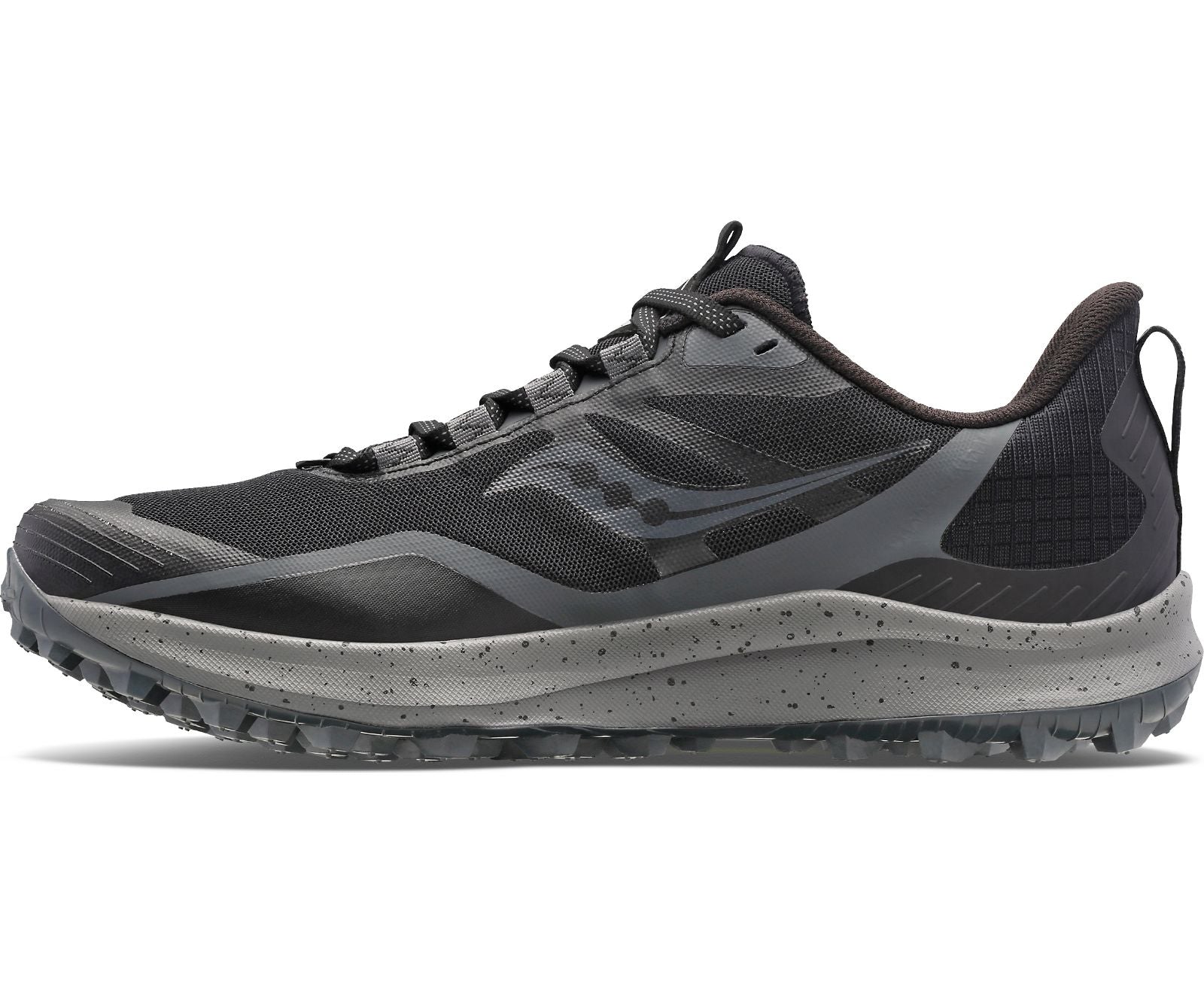 Medial view of the Women's Peregrine 12 Trail shoe by Saucony in Black/Charcoal