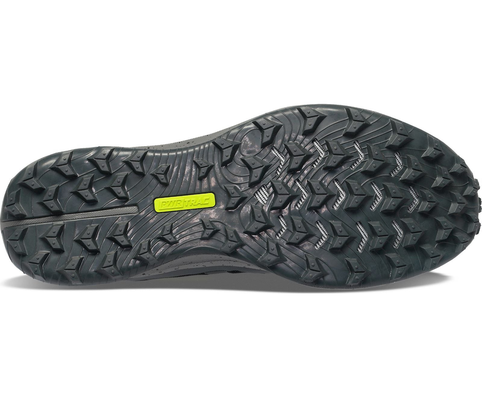 Bottom (outer sole) view of the Women's Peregrine 12 Trail shoe by Saucony in Black/Charcoal