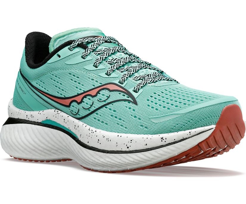 Front angled view of the Women's Endorphin Speed 3 by Saucony in the color Sprig/Black