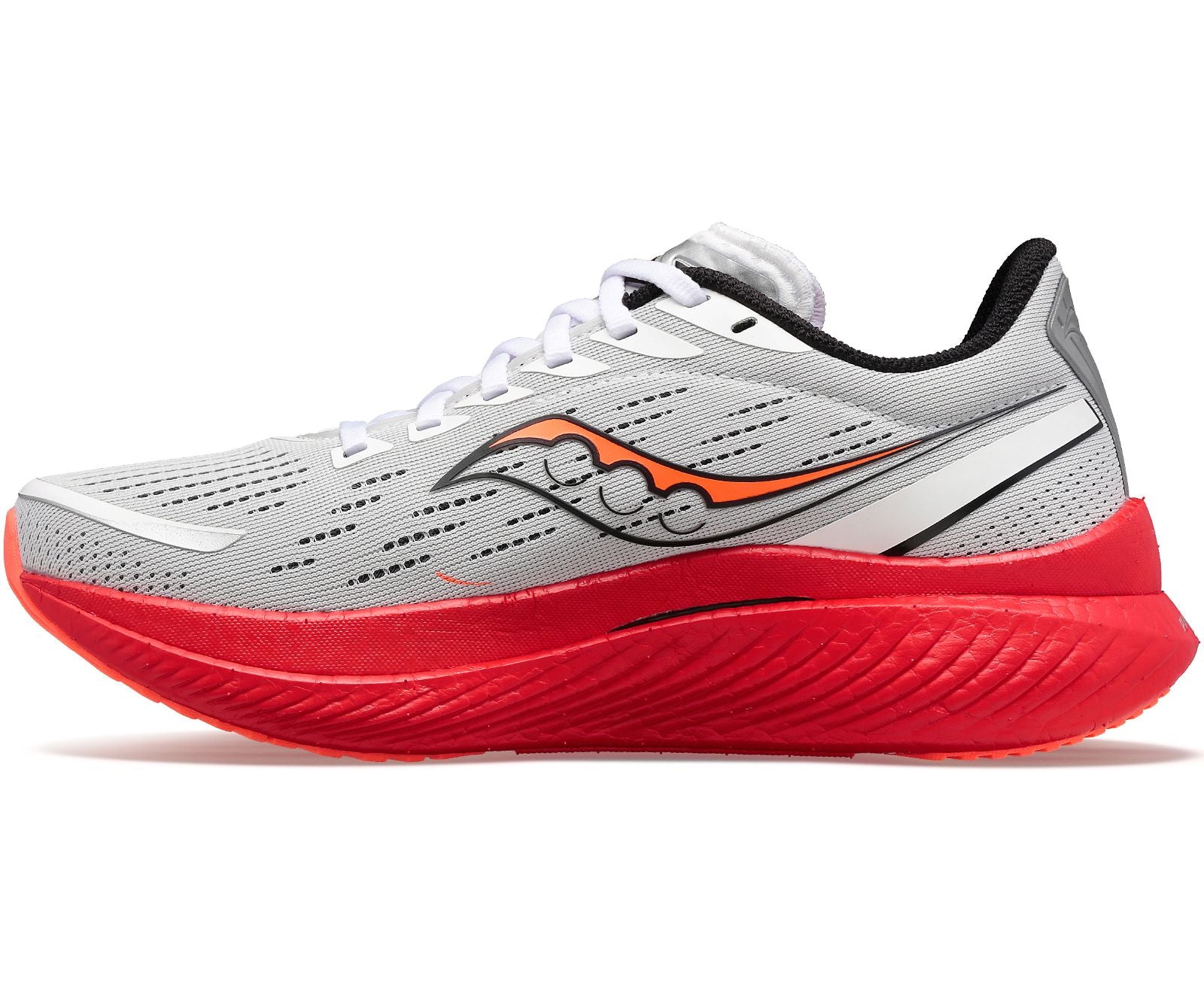 Medial view of the Women's Endorphin Speed 3 by Saucony in the color White/Black/ViziRed
