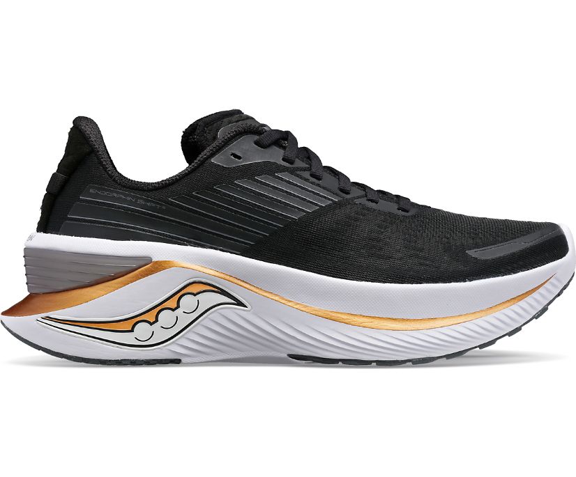 Lateral view of the Women's Endorphin Shift 3 by Saucony in the color Black/Goldstruck
