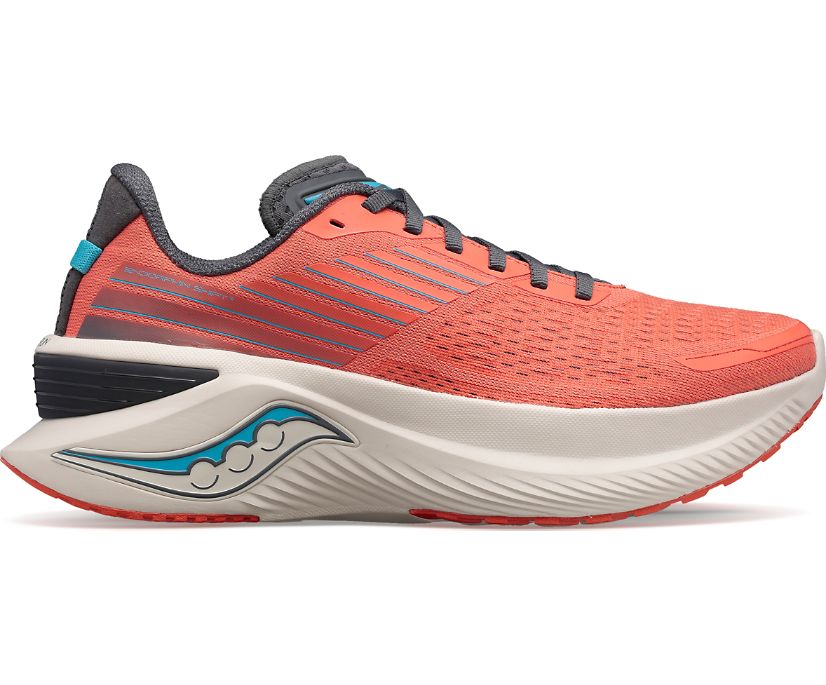 Lateral view of the Women's Endorphin Shift 3 in the color Coral/Shadow