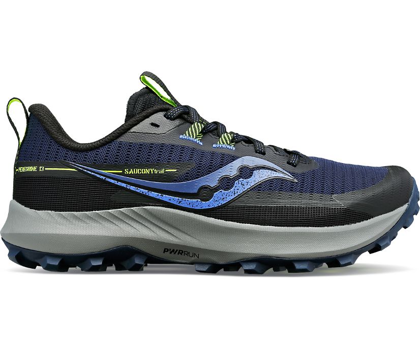 Lateral view of the Women's Peregrine 13 trail shoe by Saucony in the color Night/Fossil
