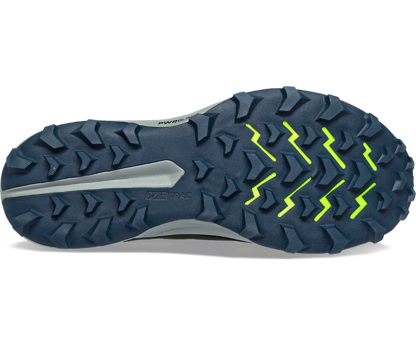 Bottom (outer sole) view of the Women's Peregrine 13 trail shoe by Saucony in the color Night/Fossil