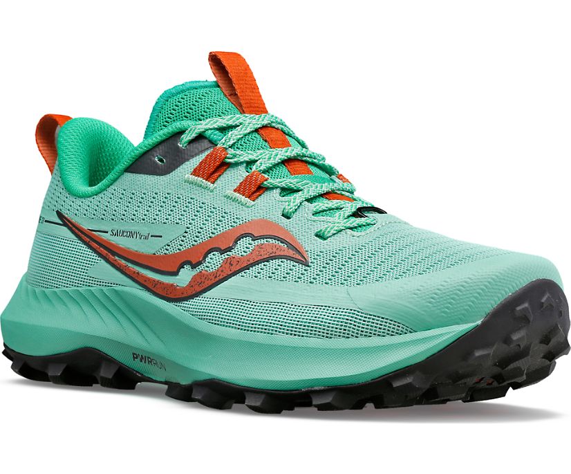 Front angle view of the Women's Peregrine 13 trail runner in the color Sprig/Canopy